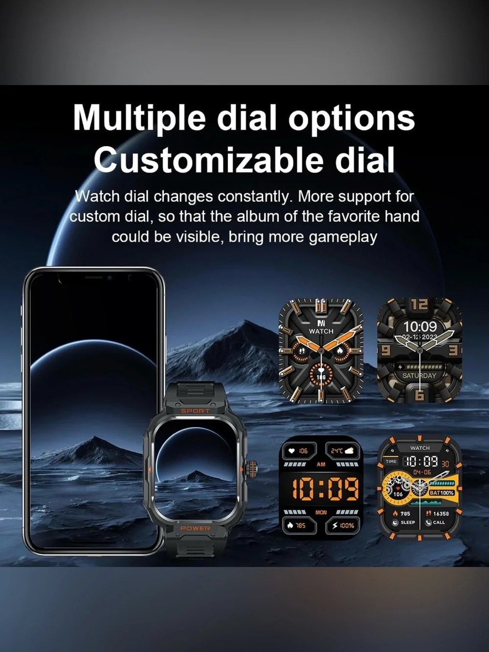 Sport Rugged Smartwatch and earbuds in Black with Orange Accents